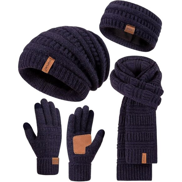 Women Winter Beanie Scarf Gloves Headband Set Knit Warm 4 Piece Gift Navy - Picture 1 of 7